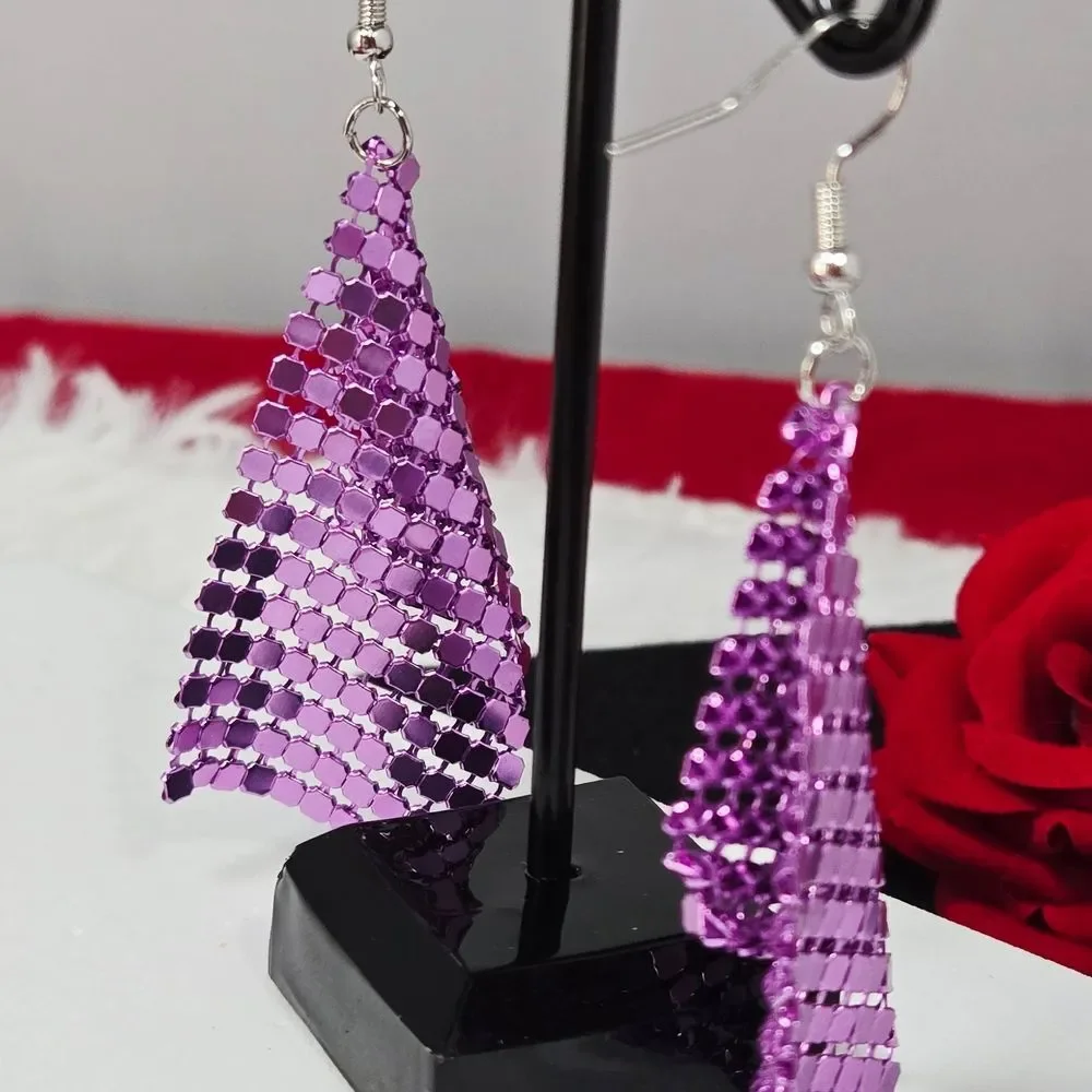 Fuschia Sparkly Sequin Mesh Statement Dangle Earrings Pink Purple Party Glam